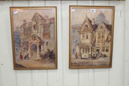 Pair gilt framed watercolours depicting Dutch town scenes, 39.5cm by 27cm, in glazed frames.