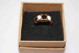 Opal and garnet five stone 9 carat gold ring, size K.