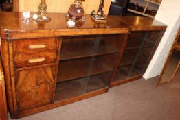 Deco style walnut sliding glazed door cabinet bookcase, 202cm by 93cm by 38cm.