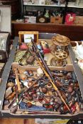 Smokers interest. Two boxes of vintage wares including pipes, racks, lighters, etc.