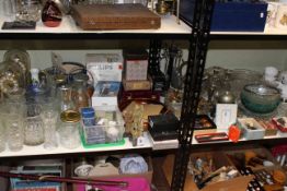 Large collection of glass, metal wares, ceramics, Darlington printed postcards, fans, thimbles etc,