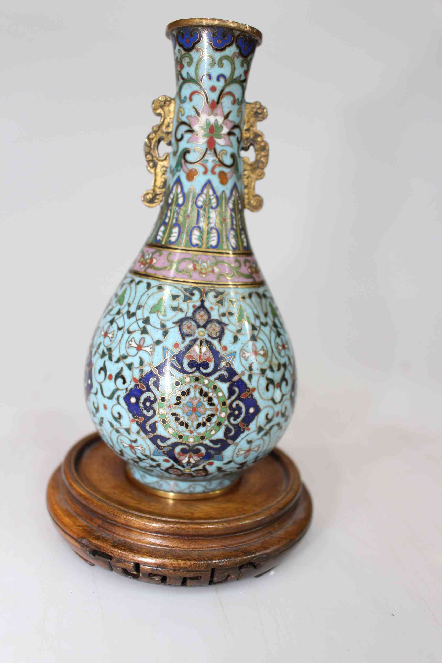 Fine antique Chinese cloisonne vase, with intricate decoration and scrolled side handles, 15cm high,
