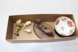 Box with Japanese style Sampson bowl, Wade squirrel, two ivory animals and camel candle stand.