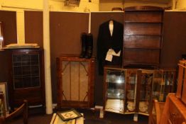 Leaded glazed door bookcase, walnut china cabinet, open bookcase and Melamine china cabinet (4).