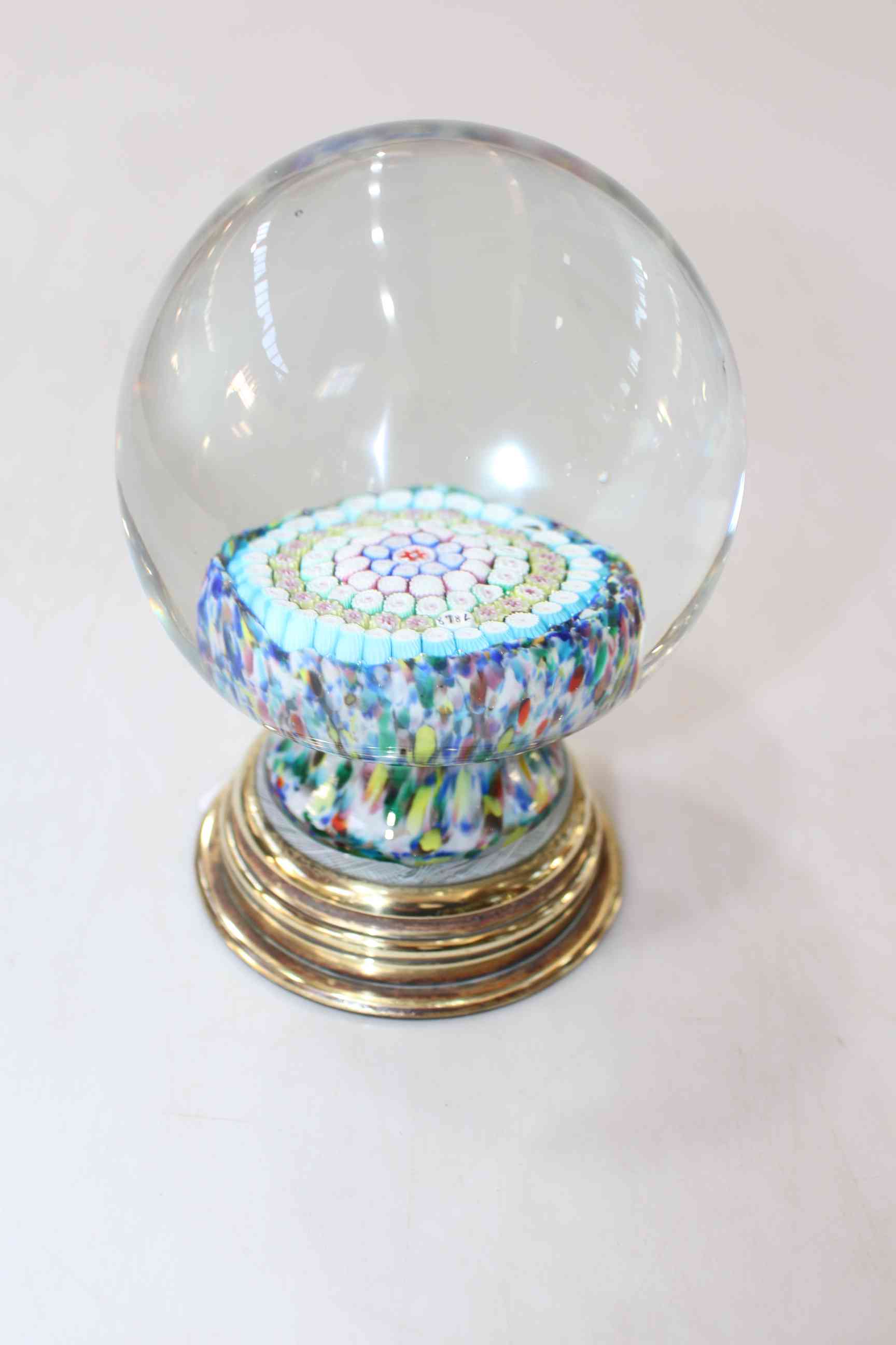 Millefiori newel post, the decoration incorporating date 1848 and mounted on brass shell case base,