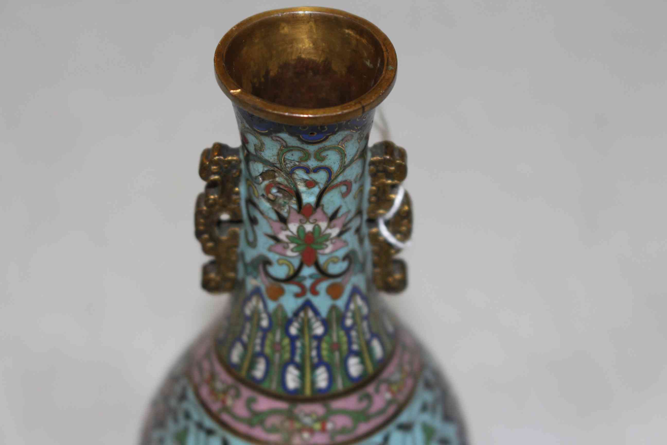 Fine antique Chinese cloisonne vase, with intricate decoration and scrolled side handles, 15cm high, - Image 3 of 5