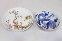 Chinese blue and white dragon bowl and blossom plate (2).