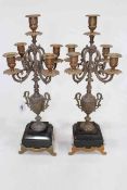 Pair five-branch gilt metal and slate candle holders, 49cm high.