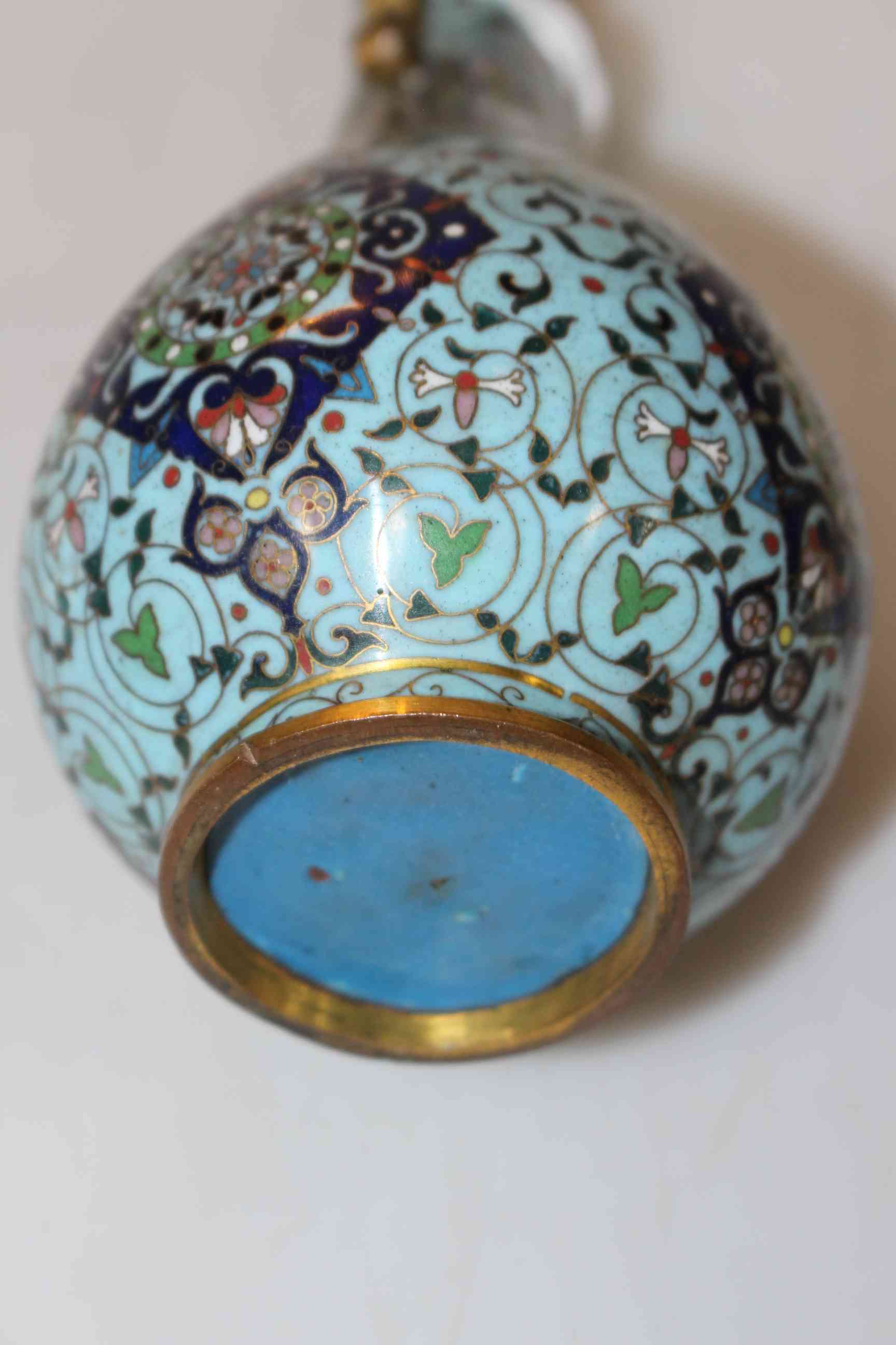 Fine antique Chinese cloisonne vase, with intricate decoration and scrolled side handles, 15cm high, - Image 5 of 5