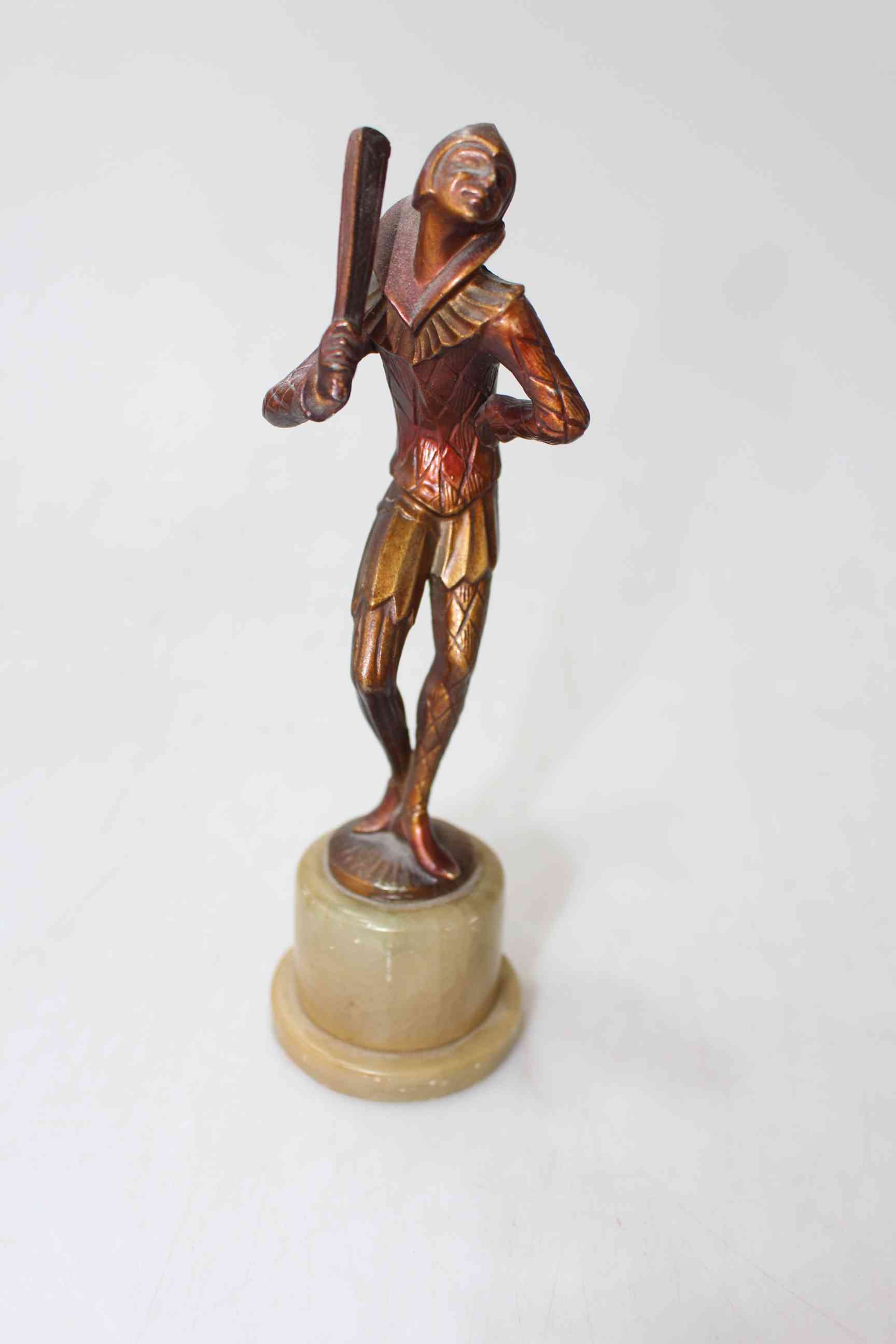 Art Deco bronze Pierrot green on marble base, 19.5cm.