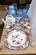Seven pieces of Masons Mandalay and Wedgwood blue Jasperware coffee set and trinket boxes.
