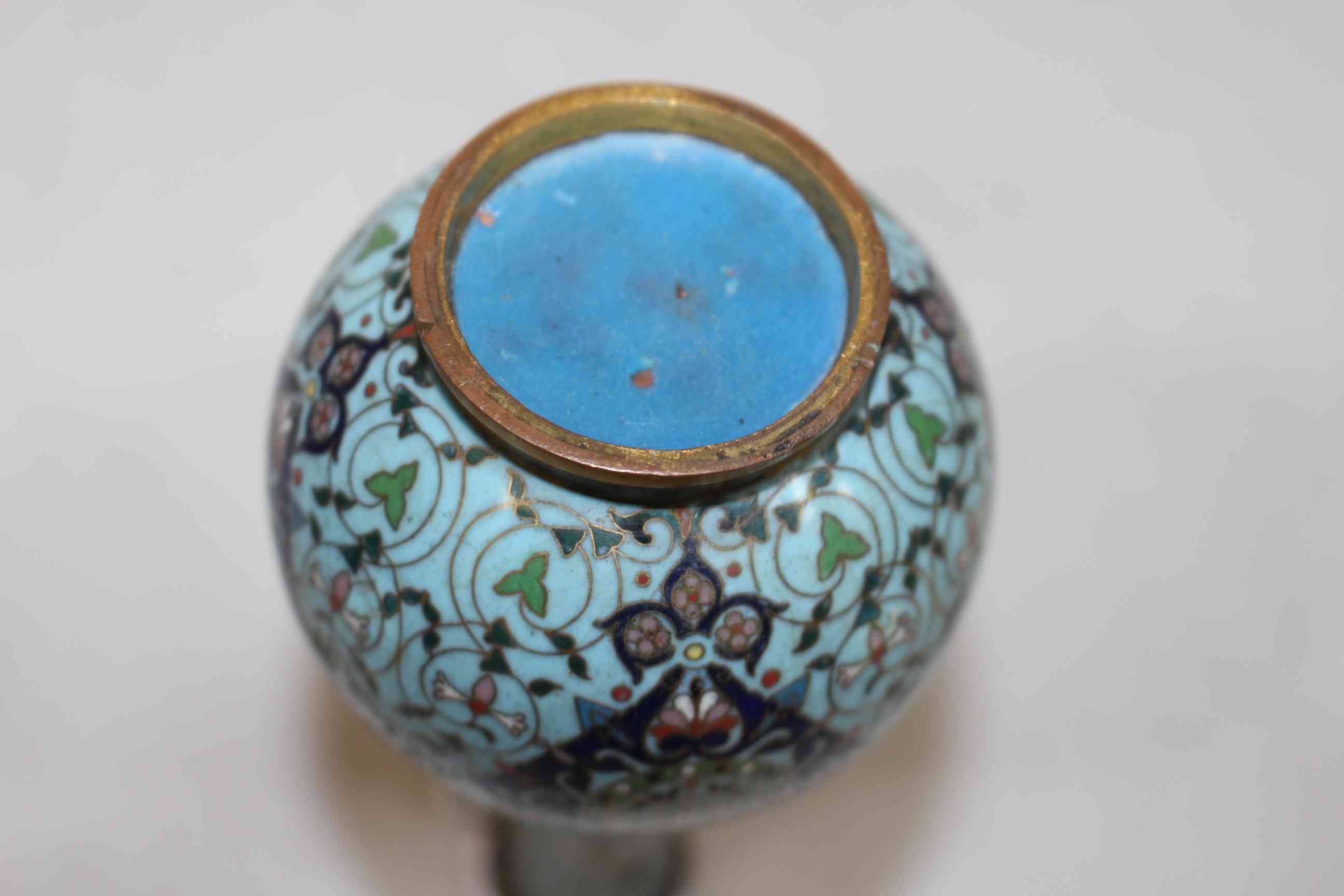 Fine antique Chinese cloisonne vase, with intricate decoration and scrolled side handles, 15cm high, - Image 2 of 5