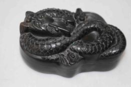 Chinese inkstone box with dragon lid, 14cm across.