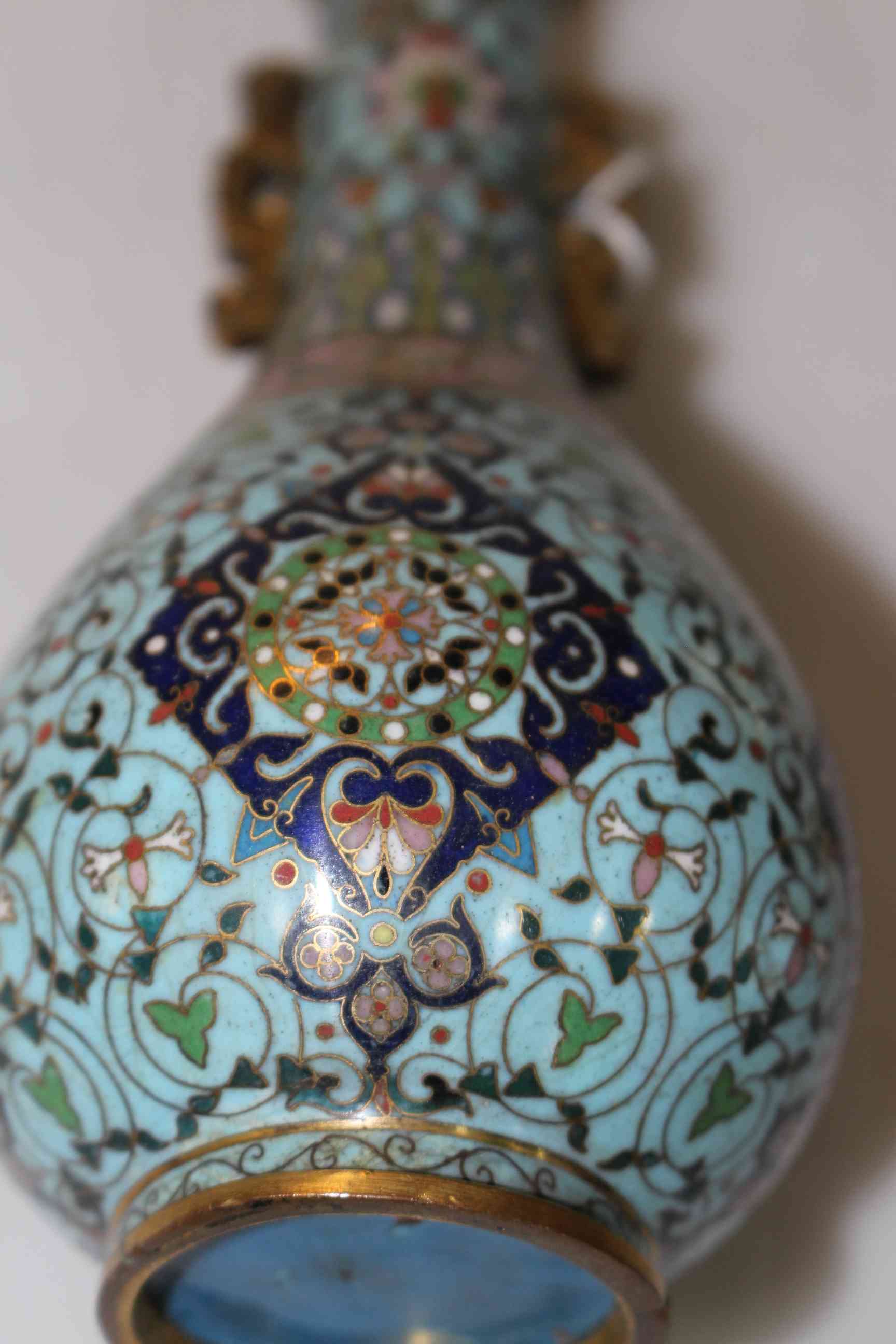 Fine antique Chinese cloisonne vase, with intricate decoration and scrolled side handles, 15cm high, - Image 4 of 5