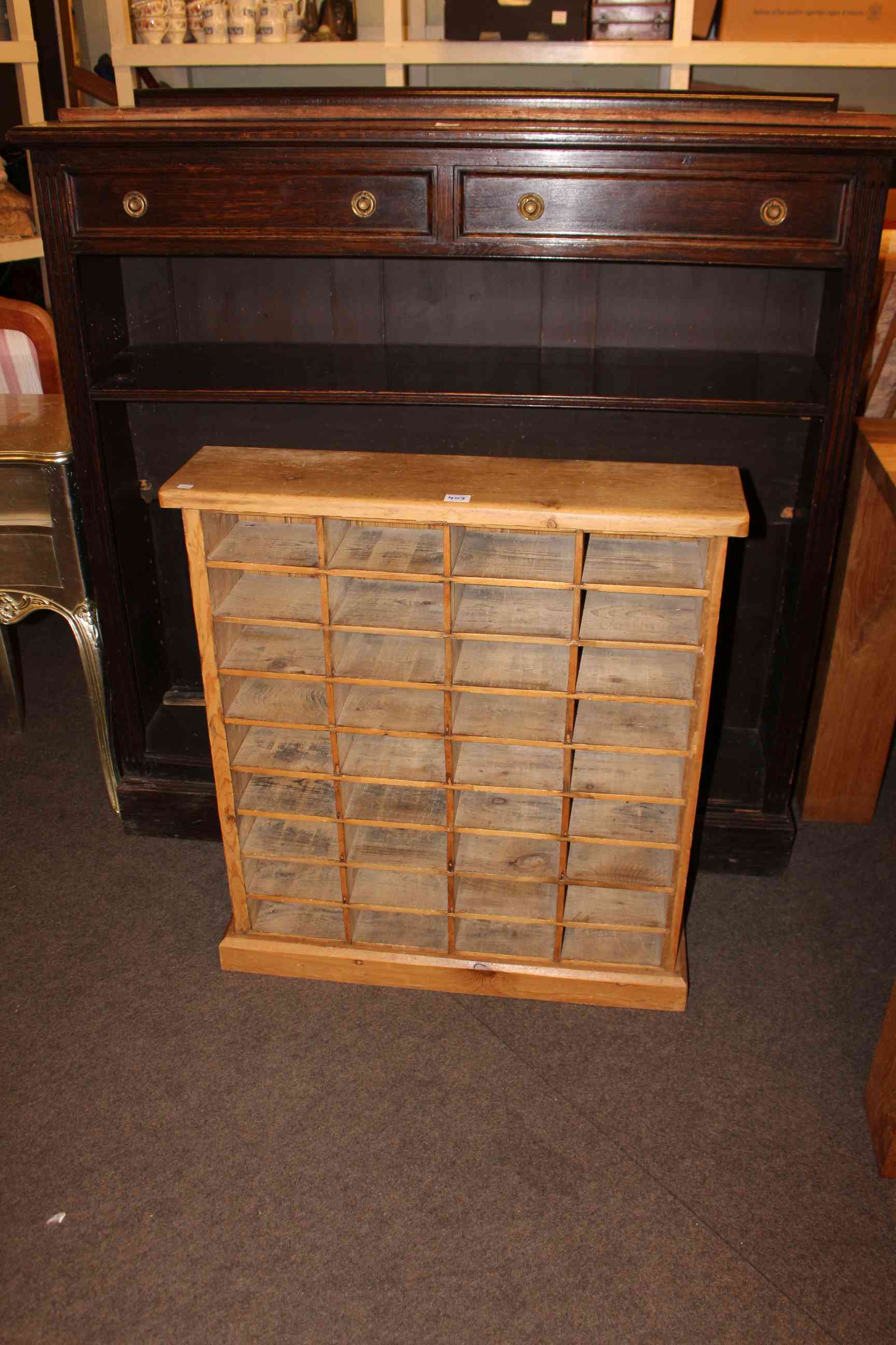 Early 20th Century oak two drawer open bookcase and pine open shelf unit (2).
