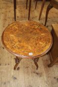 Victorian walnut and satinwood inlaid circular occasional table in four turned legs joined by cross