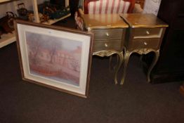 Pair silvered two drawer pedestals and contemporary framed oil painting (3).