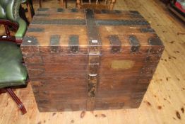Antique metal bound silver chest with inset brass name plate, 68cm by 86cm by 57cm.