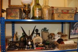 Stoneware jars and bottles, oil lamp, glass bottles, brass log bin, coffee grinder, set of weights,