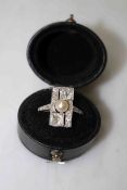 Diamond and pearl white gold Art Deco design ring, size N/O.