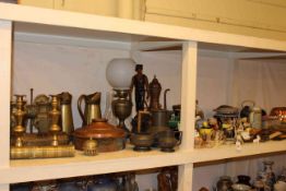 Collection of vintage copper and brass including oil lamp, coach lamp, stoneware hot water bottle,