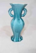 Chinese turquoise glaze two handled vase, 31cm high.