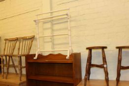 Two elm stools, Victorian towel rail and pair farmhouse kitchen chairs (5).