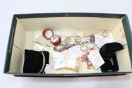 Box of jewellery including 9 carat gold cluster ring, silver rings and bracelet, pendants,