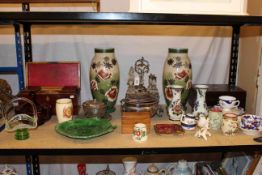 19th Century mahogany tea caddy and mother of pearl inlaid box, pair of Victorian glass vases,