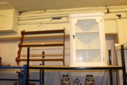 Painted glazed door corner wall cabinet and three tier open plate rack (2).