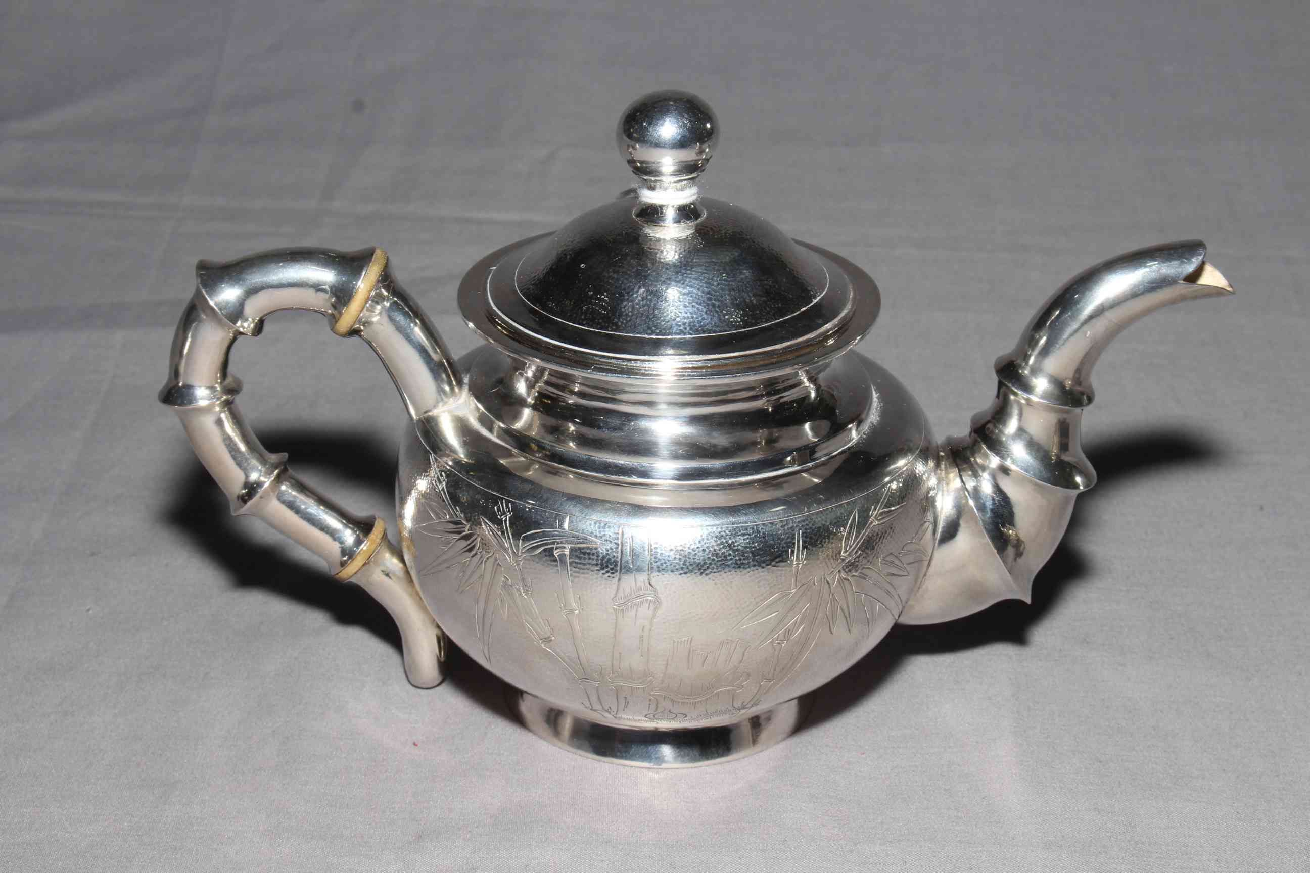 Chinese Shanghai silver four piece tea set comprising teapot, sugar, cream and strainer, - Image 3 of 6
