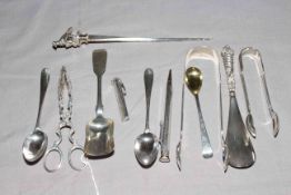 Collection of assorted silver spoons, tongs, silver handled shoe horn, EP letter opener etc.
