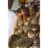 Protector miners lamp, copper kettle, trivet, letter holder, brass candle holders, etc.