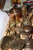 Protector miners lamp, copper kettle, trivet, letter holder, brass candle holders, etc.