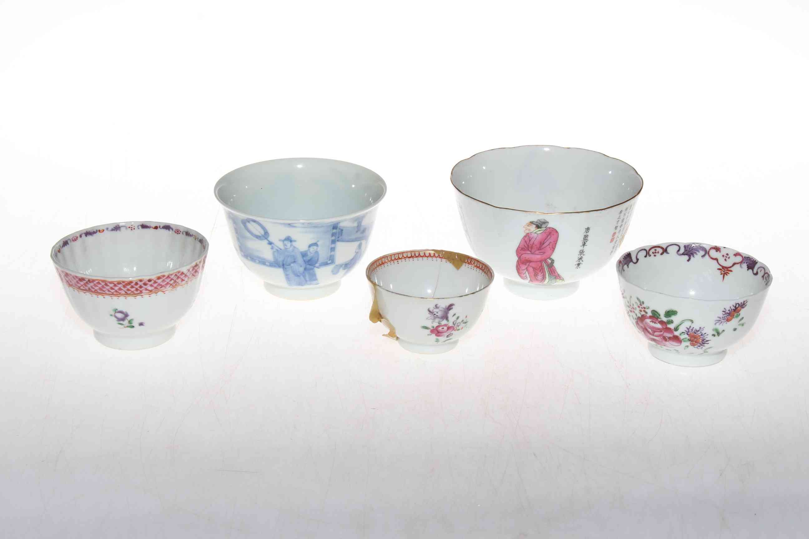 Collection of five Chinese polychrome and blue and white tea bowls.