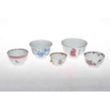 Collection of five Chinese polychrome and blue and white tea bowls.