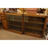 Deco style walnut sliding glazed door cabinet bookcase, 202cm by 93cm by 38cm.