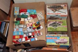 Tin plate Pullman railway carriage, box of Dinky, Corgi and other model vehicles,