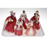 Eight Royal Doulton figures including Autumn Breezes, Christmas Morn, Top O' the Hill x 2,