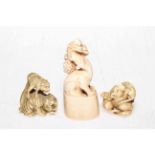 Two Japanese/Chinese ivory animal netsuke, signed, and ivory chopseal kylin (3).