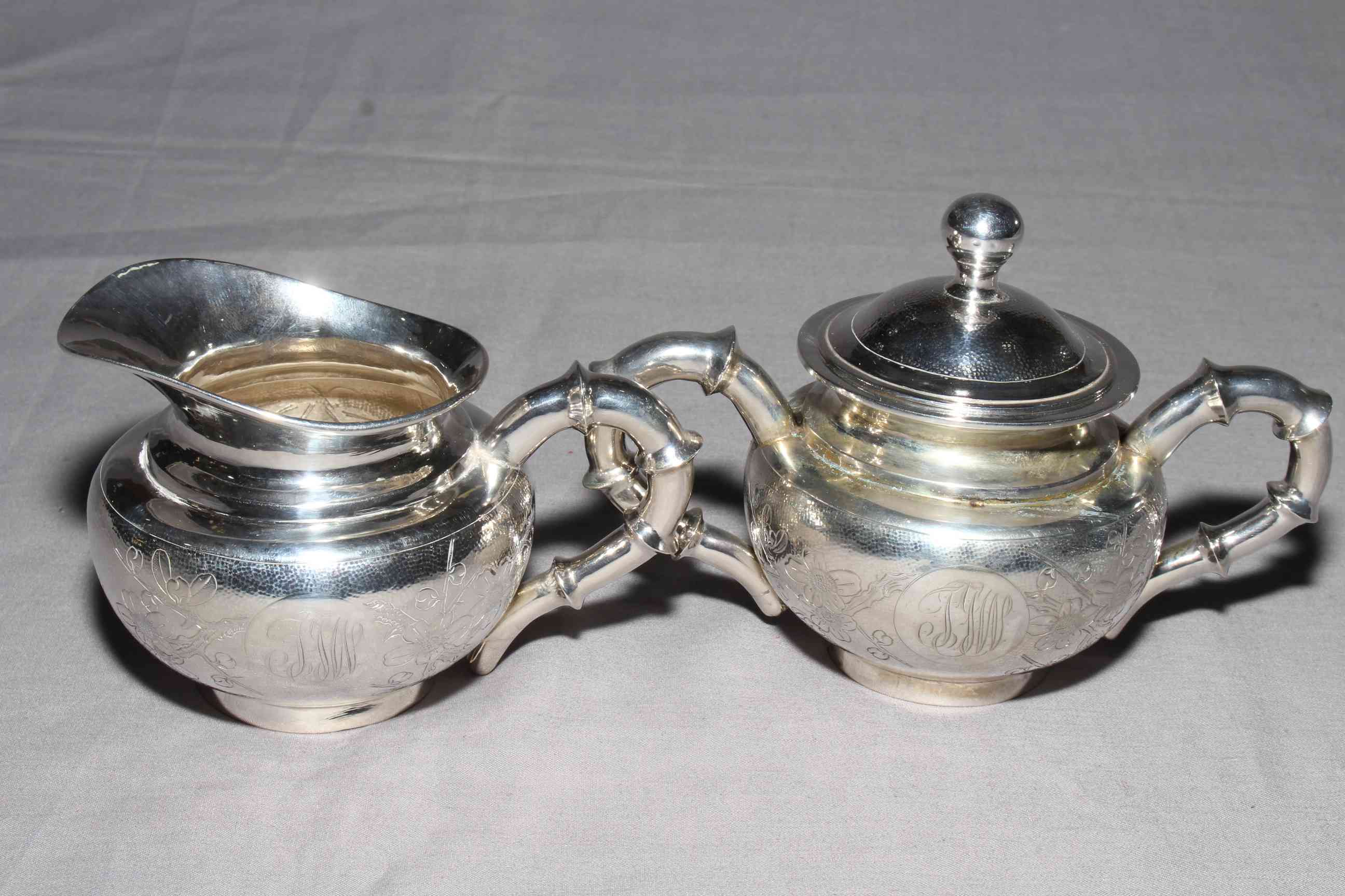 Chinese Shanghai silver four piece tea set comprising teapot, sugar, cream and strainer, - Image 5 of 6