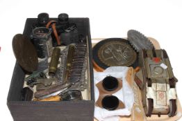 Tray lot of militaria including instruments, goggles, armband, plaques, death plaque,