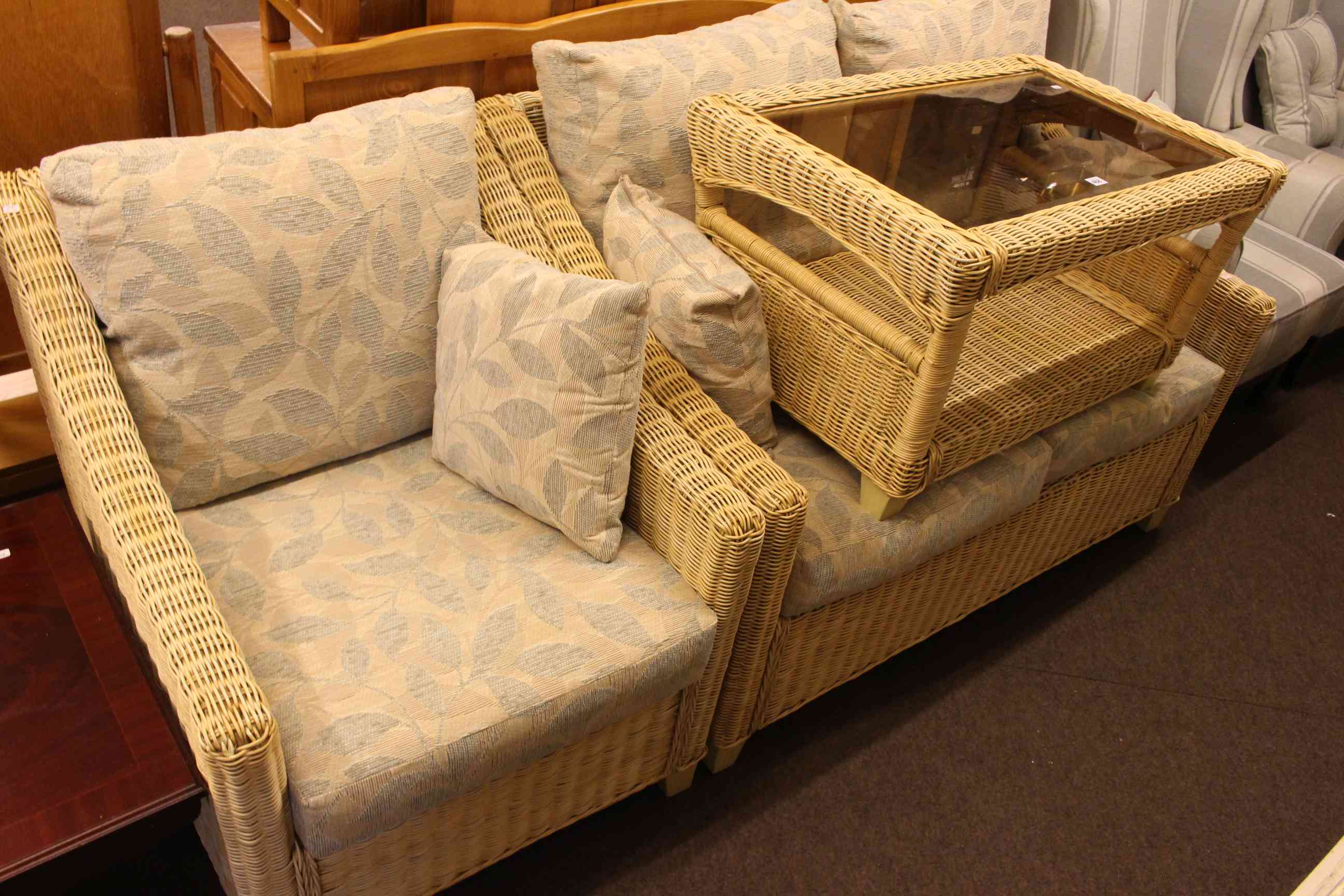 Three piece wicker conservatory suite comprising two seater settee,