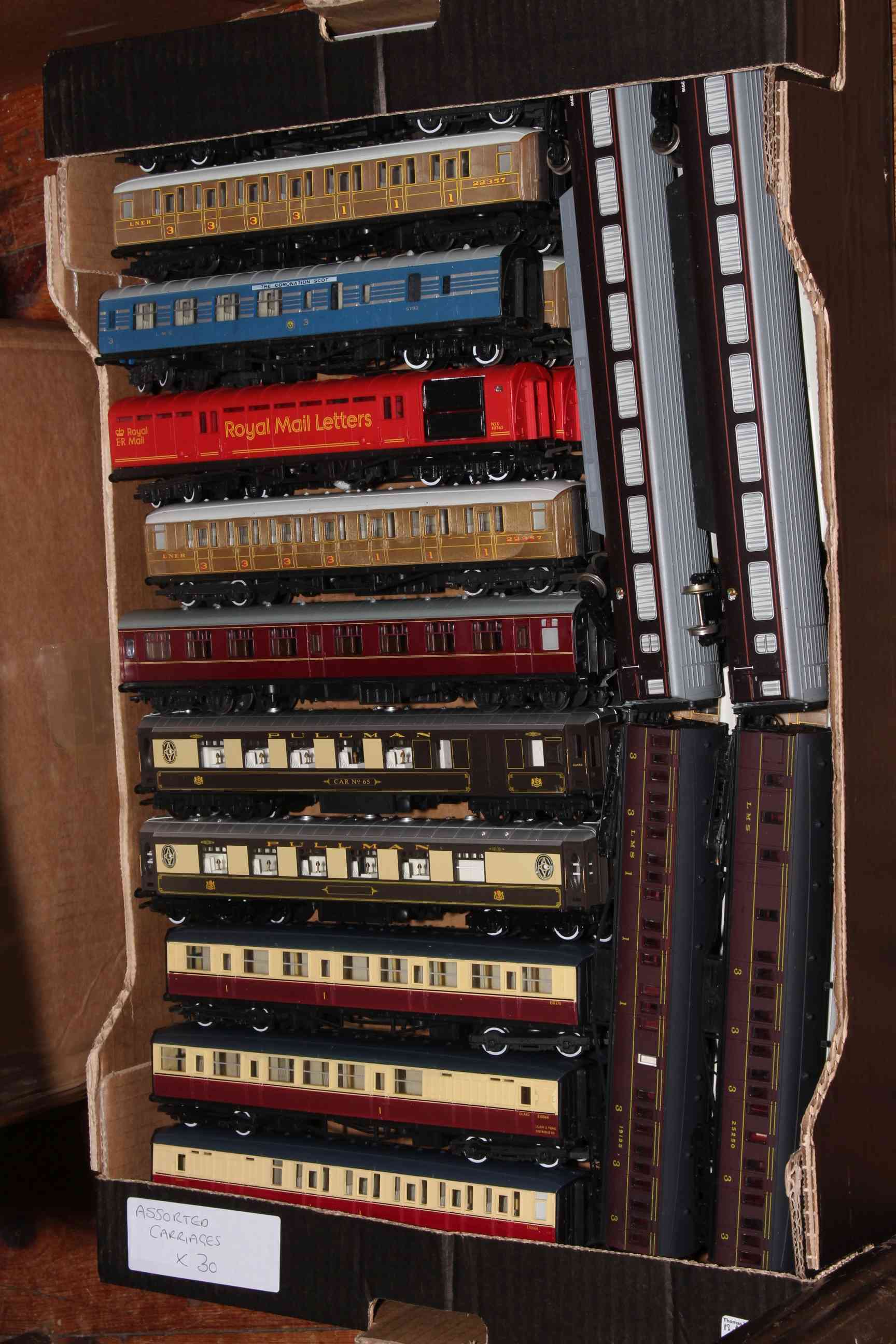 Box containing thirty model railway carriages.