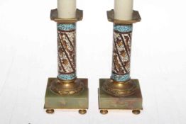 Pair enamel, marble and gilt metal small table lamps with shades, 14cm to top of column.