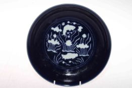 Chinese blue and white fish decorated saucer dish, six character two circle mark, 22.5cm diameter.