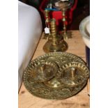 Collection of early brass candlesticks, etc.