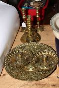 Collection of early brass candlesticks, etc.