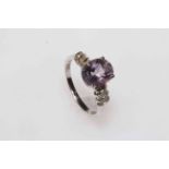 Amethyst and diamond 9 carat white gold ring, size P.