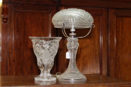 Crystal table lamp with shade, 44cm, and a decorative crystal vase, 27cm high.